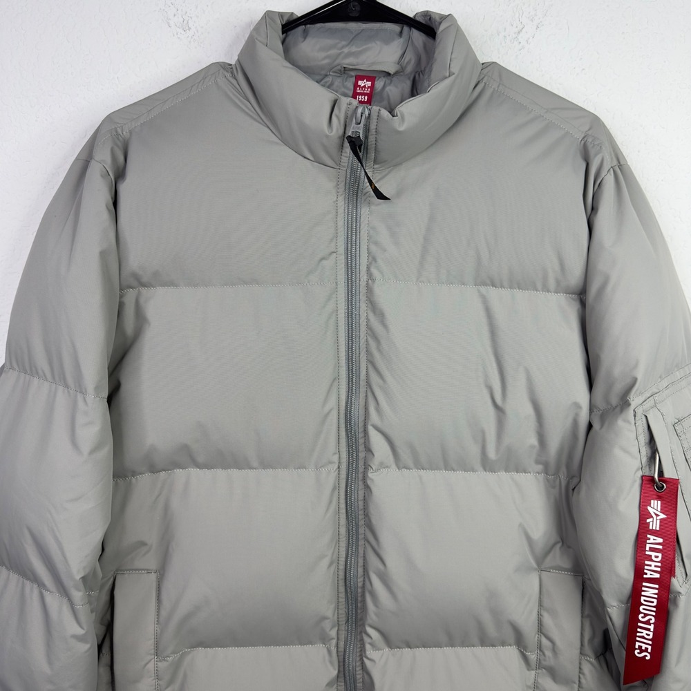 Alpha Industries Puffer Bomber Jacket Mens L Gray Quilted Streetwear Utility - Picture 3 of 12